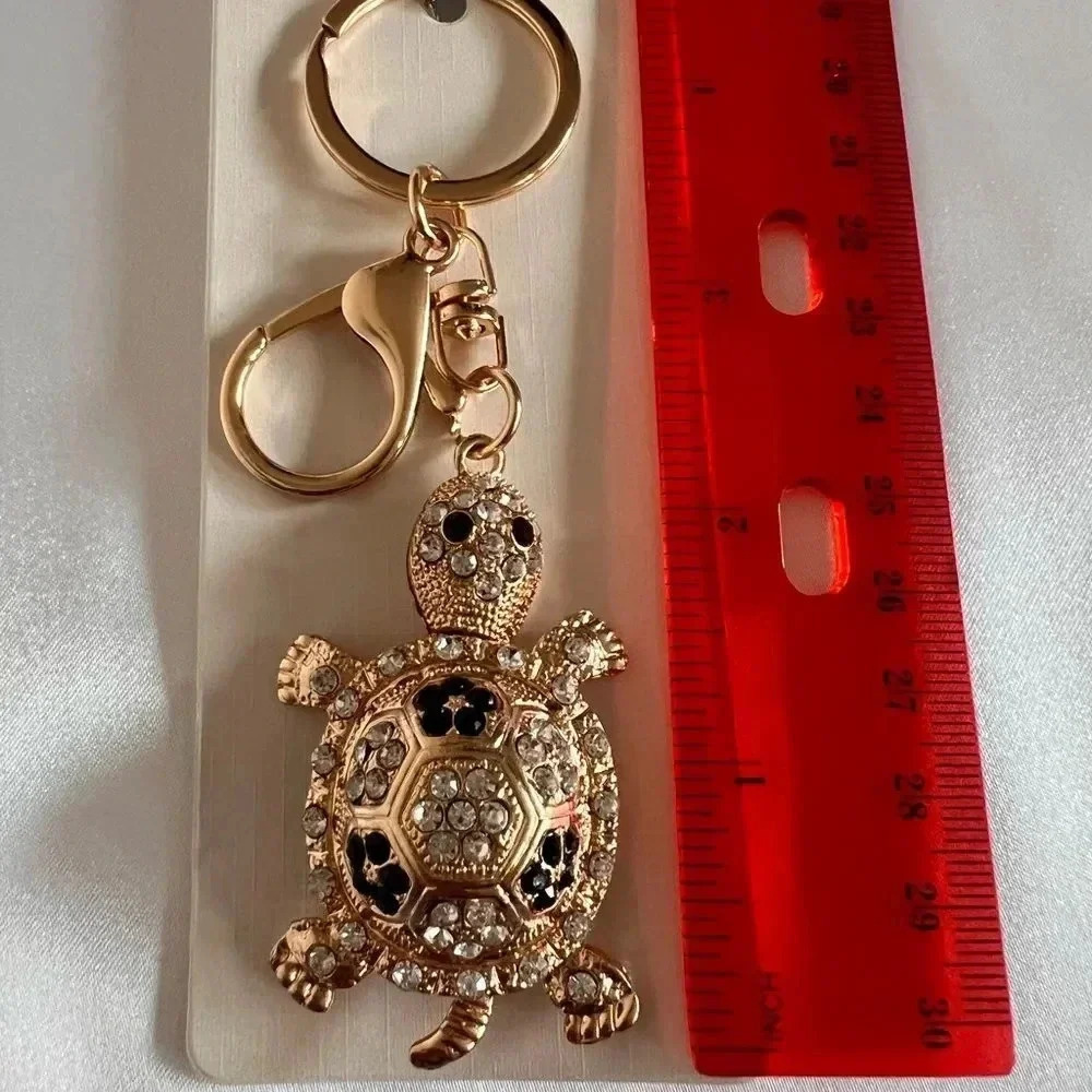 Turtle Key Chain Or Bag Charm Black/White Crystal Rhinestone Gold Tone Hardware - Picture 5 of 6